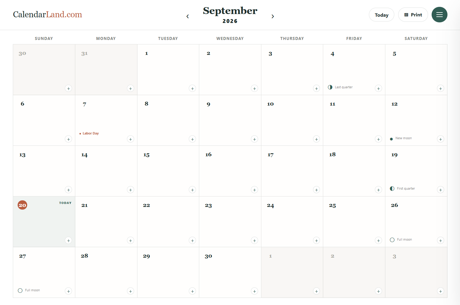 CalendarLand.com website screenshot